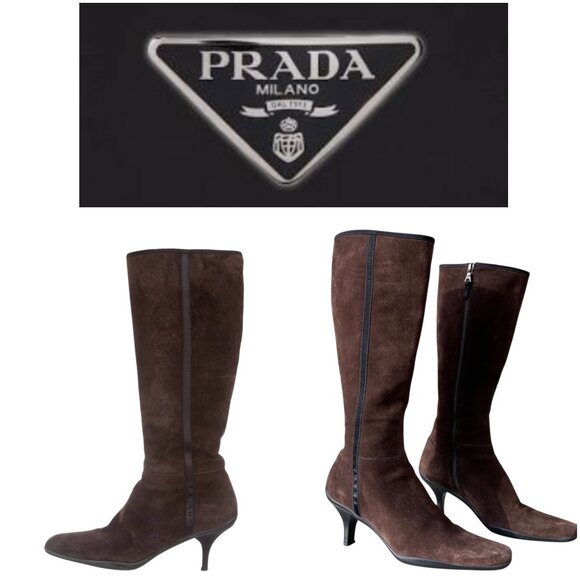 PRADA BROWN SUEDE HEELED BOOTS - EU 38.5/US 8 - Picture 1 of 16